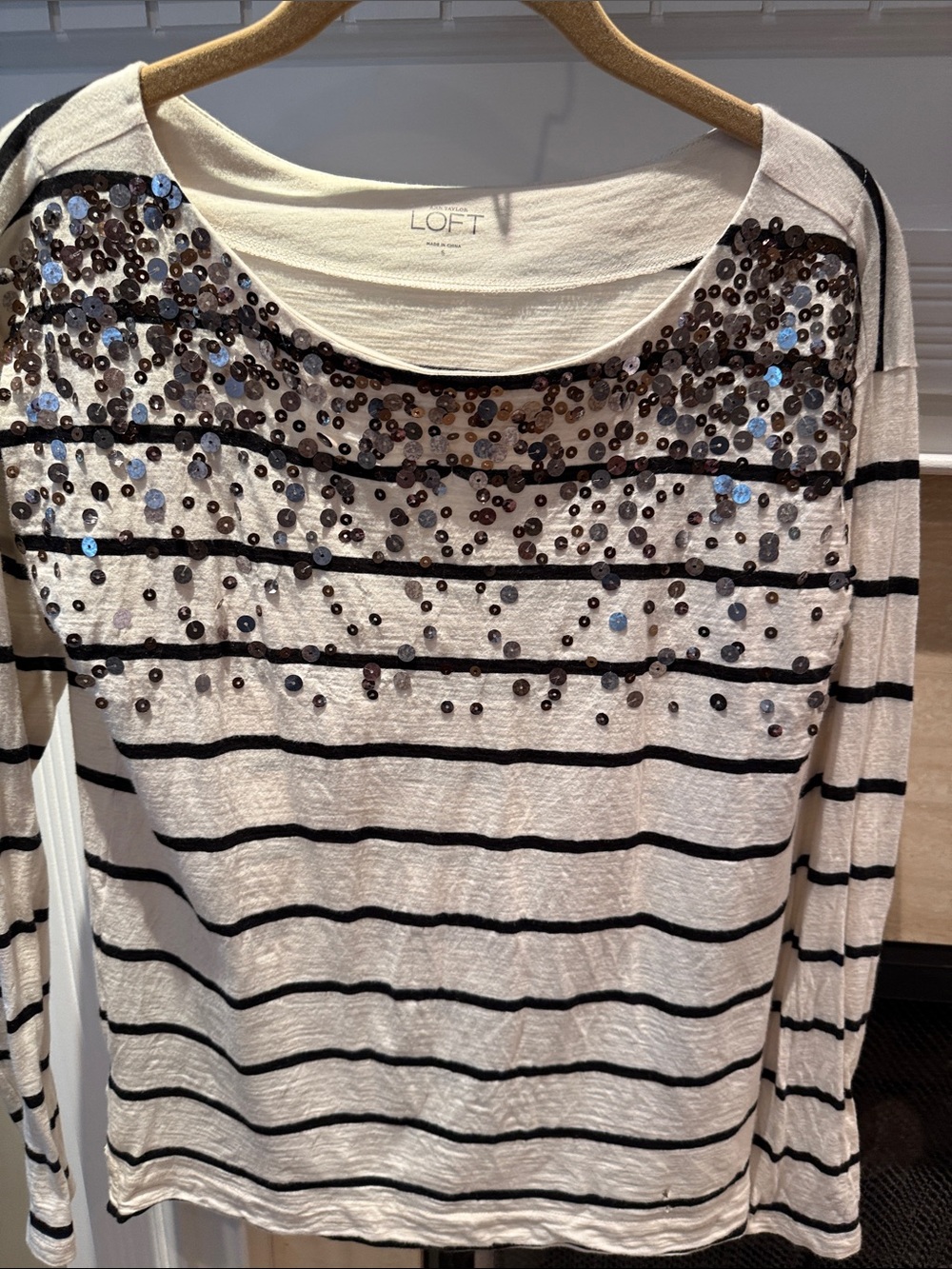 LOFT Cream and Black Striped Long Sleeve Top with Sequin Detail